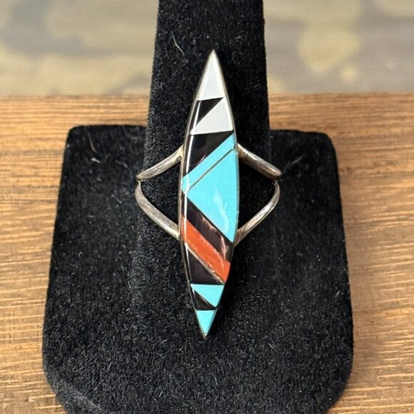 Zuni-style sterling silver inlay ring, size 7 - Picture 2 of 8